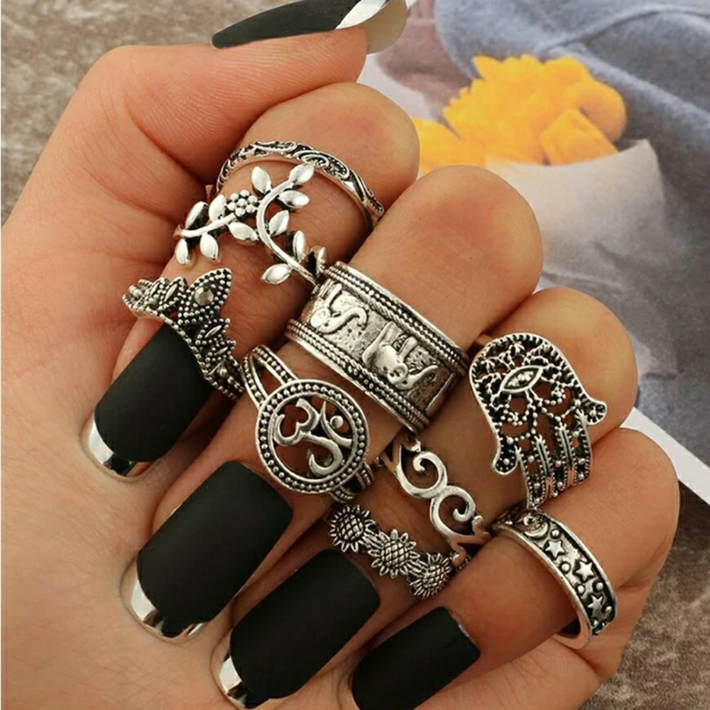 - Ohm hamza midi rings set 9ct boho silver r… - Picture 3 of 6